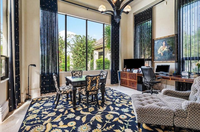 office with an inviting chandelier