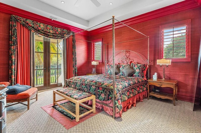 bedroom with carpet, ceiling fan, access to outside, and french doors