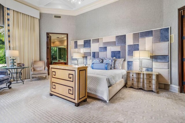 bedroom featuring light carpet, coffered ceiling, crown molding, beam ceiling, and a high ceiling