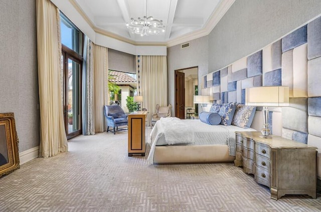 bedroom featuring coffered ceiling, a towering ceiling, beamed ceiling, a notable chandelier, and light colored carpet