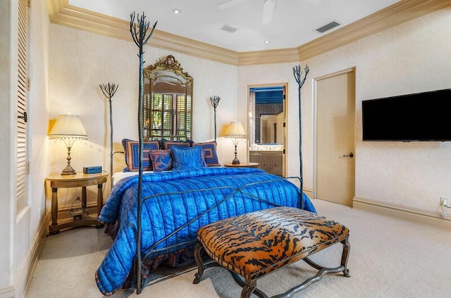 carpeted bedroom with connected bathroom, ceiling fan, and ornamental molding