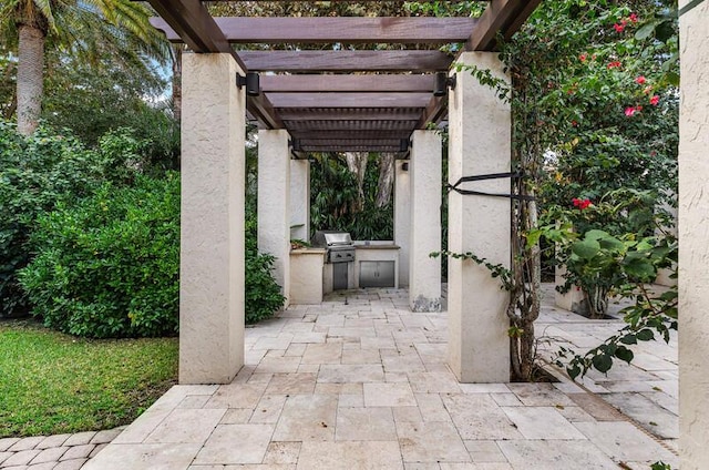 view of patio featuring a pergola, area for grilling, and grilling area