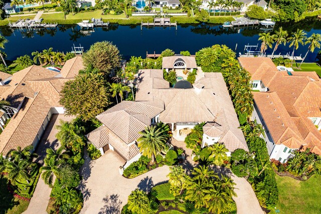 bird's eye view with a water view