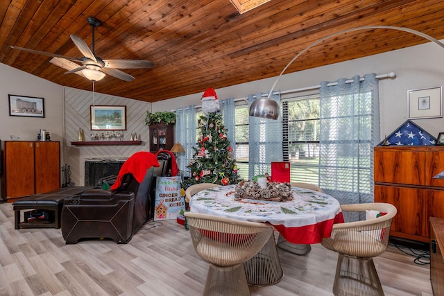 dining area with lofted ceiling with skylight, ceiling fan, and wooden ceiling