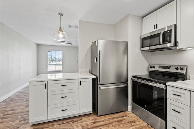 kitchen with white cabinetry, light hardwood / wood-style flooring, and appliances with stainless steel finishes