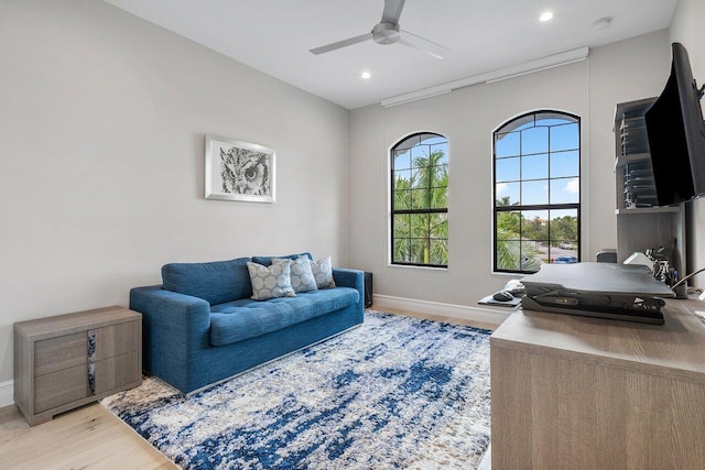 living room with ceiling fan and light wood-type flooring