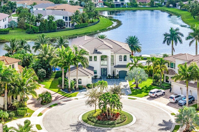 bird's eye view with a water view