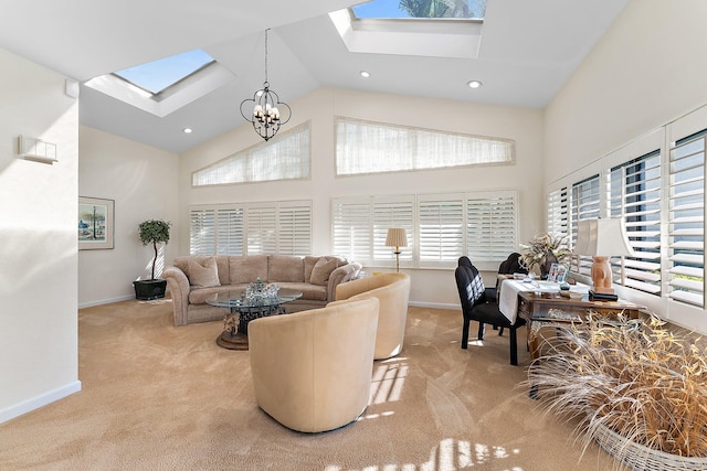 living room with light carpet, a chandelier, and high vaulted ceiling