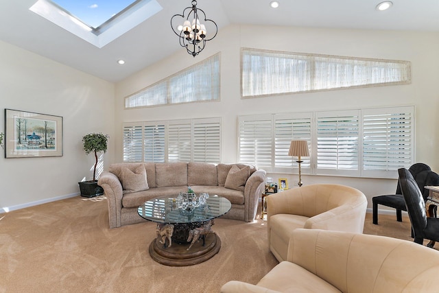 living room featuring light carpet, a chandelier, and high vaulted ceiling