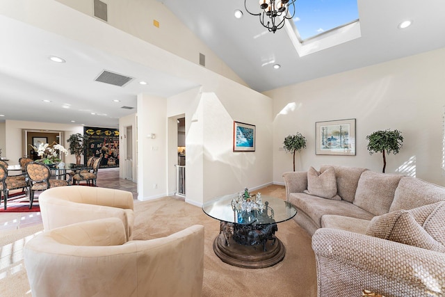 carpeted living room featuring lofted ceiling and an inviting chandelier