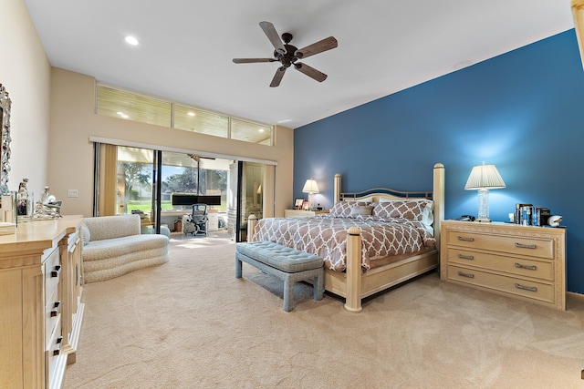 bedroom featuring ceiling fan, access to exterior, and light colored carpet