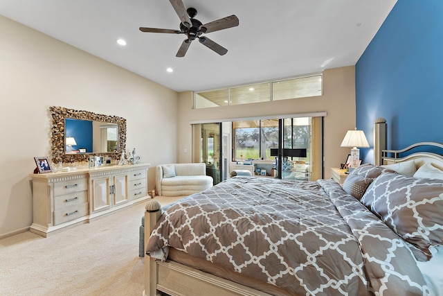 carpeted bedroom with access to outside and ceiling fan