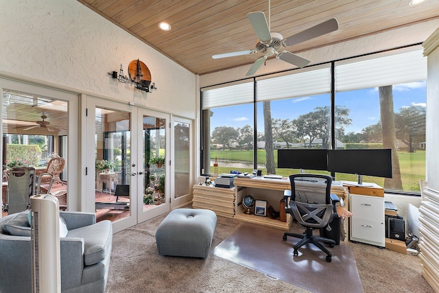 office space featuring carpet flooring, french doors, high vaulted ceiling, and wooden ceiling