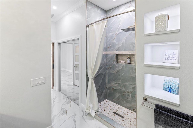 bathroom with a shower with shower curtain and ornamental molding