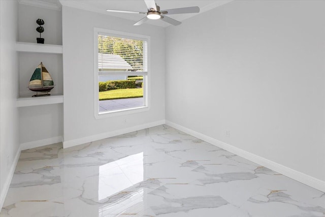 empty room with ceiling fan and built in features