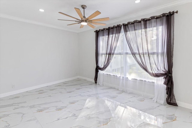 unfurnished room featuring crown molding, ceiling fan, and a healthy amount of sunlight