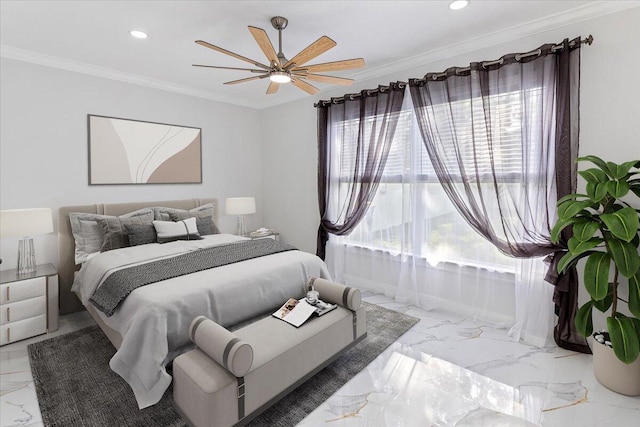 bedroom with ceiling fan and crown molding