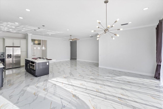 kitchen featuring a kitchen island, crown molding, stainless steel fridge with ice dispenser, and hanging light fixtures