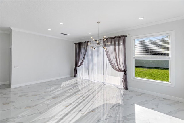 unfurnished dining area with plenty of natural light, a chandelier, and ornamental molding