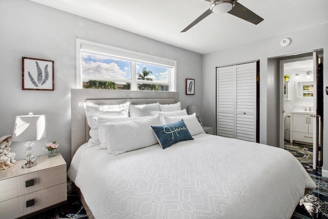 bedroom with a closet, ceiling fan, and ensuite bathroom