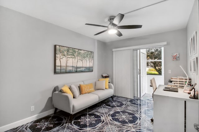 interior space featuring ceiling fan