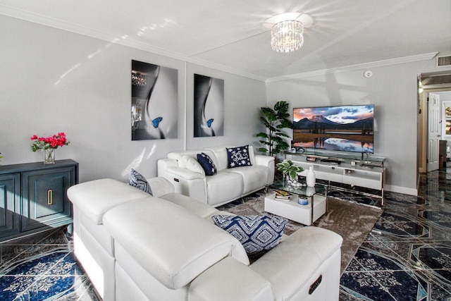 living room featuring a chandelier and crown molding