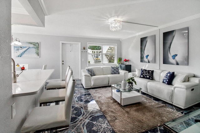 living room featuring a chandelier and crown molding