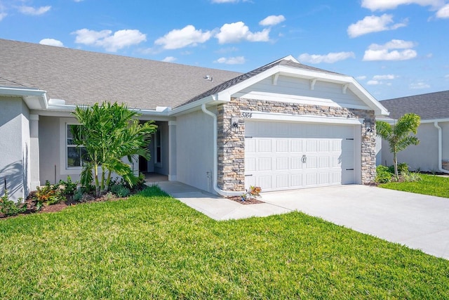 ranch-style home featuring a front yard and a garage