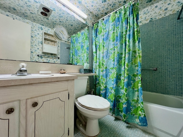 full bathroom with shower / bath combination with curtain, vanity, toilet, and tile patterned floors