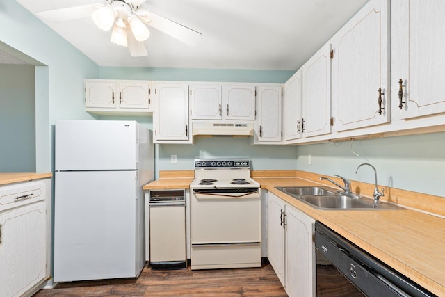 kitchen with white appliances, ceiling fan, dark wood-type flooring, sink, and white cabinetry