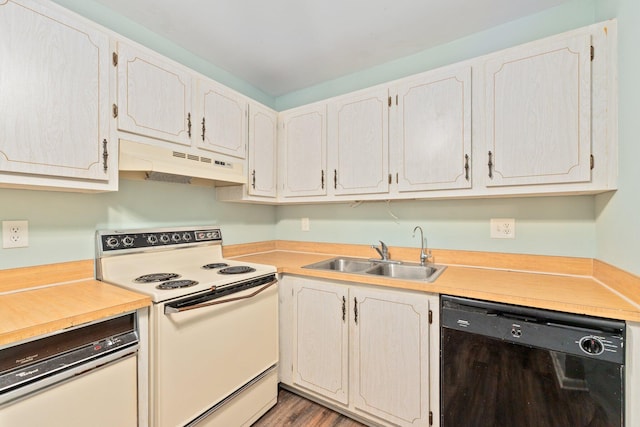 kitchen featuring dishwasher, hardwood / wood-style floors, electric range, and sink