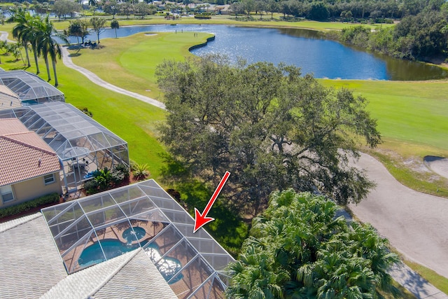 drone / aerial view featuring a water view