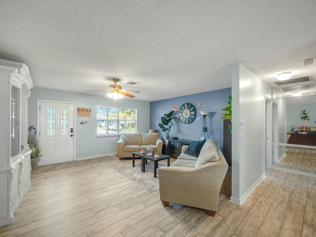 living room featuring ceiling fan, light hardwood / wood-style floors, and a textured ceiling