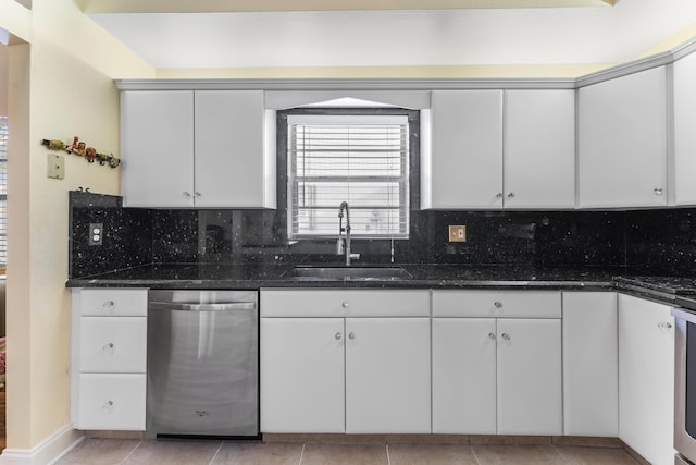 kitchen featuring dishwasher, sink, dark stone counters, decorative backsplash, and white cabinets