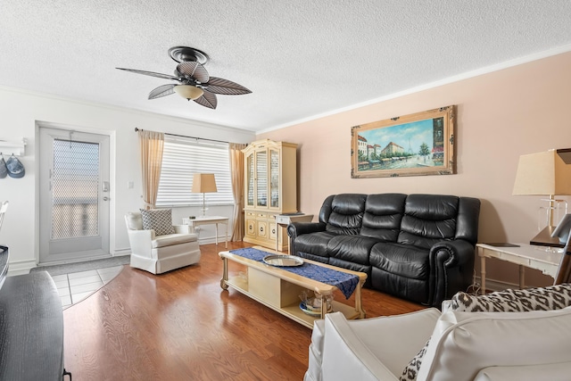 living room with crown molding, ceiling fan, wood-type flooring, and a textured ceiling