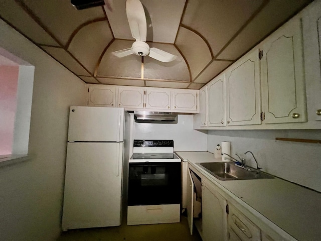 kitchen featuring a drop ceiling, white appliances, ceiling fan, sink, and white cabinets