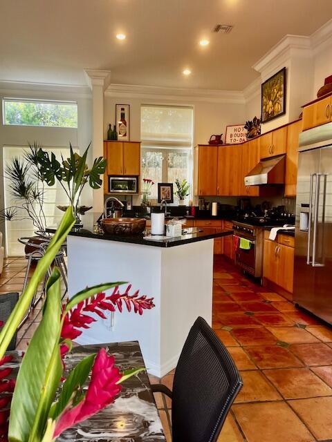 kitchen with dark tile patterned floors, ornamental molding, and premium appliances