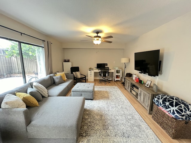 living room featuring a textured ceiling, light wood-type flooring, and ceiling fan