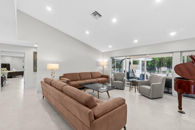 4246 Live Oak Blvd, Delray Beach, FL 33445 - living room featuring recessed lighting, concrete flooring, high vaulted ceiling, and baseboards