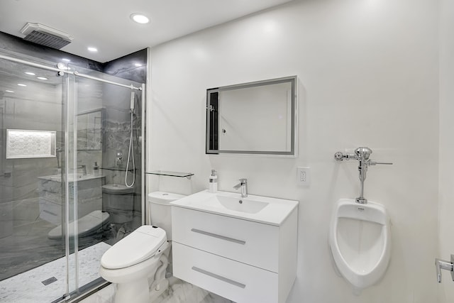 bathroom with vanity, toilet, and an enclosed shower