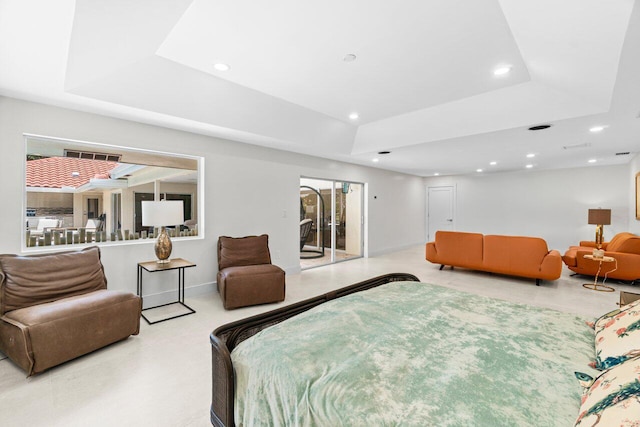 4246 Live Oak Blvd, Delray Beach, FL 33445 - bedroom with a tray ceiling, access to exterior, recessed lighting, and baseboards