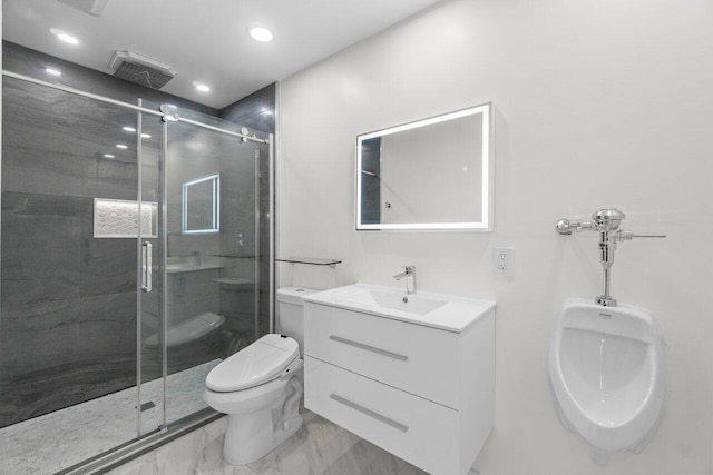 4246 Live Oak Blvd, Delray Beach, FL 33445 - bathroom with marble finish floors, a stall shower, toilet, vanity, and recessed lighting