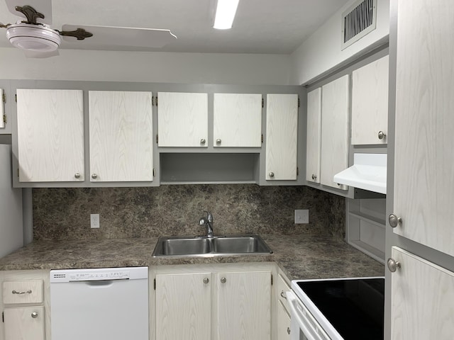 kitchen featuring white appliances, ventilation hood, tasteful backsplash, and sink