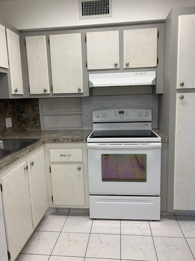 kitchen with tasteful backsplash, white range with electric cooktop, and sink