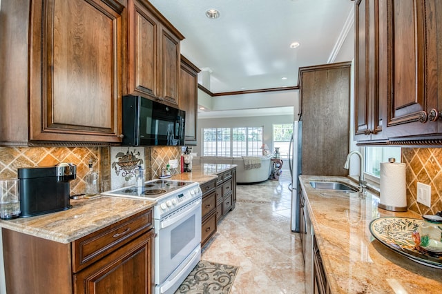 kitchen featuring white range with electric cooktop, light stone counters, crown molding, and sink