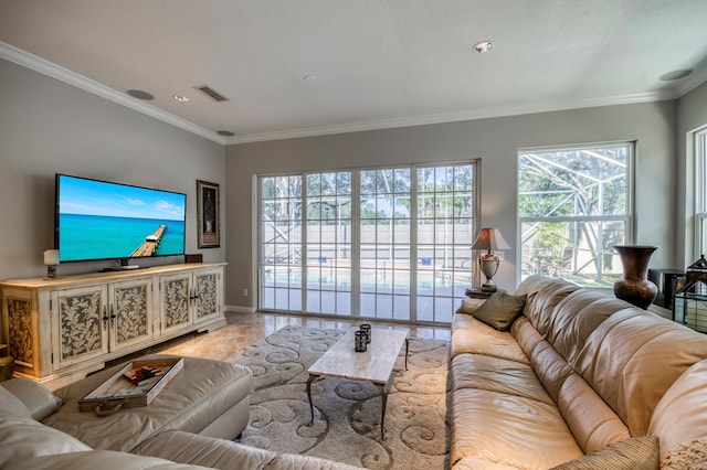 living room featuring a wealth of natural light and crown molding