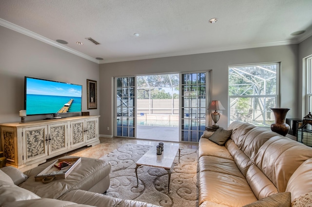 living room featuring crown molding