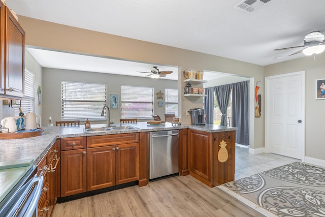 kitchen with ceiling fan, sink, light hardwood / wood-style flooring, kitchen peninsula, and appliances with stainless steel finishes