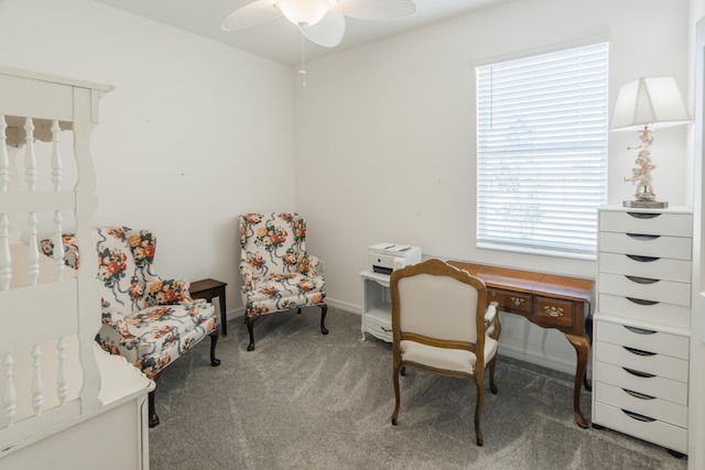 carpeted office with ceiling fan