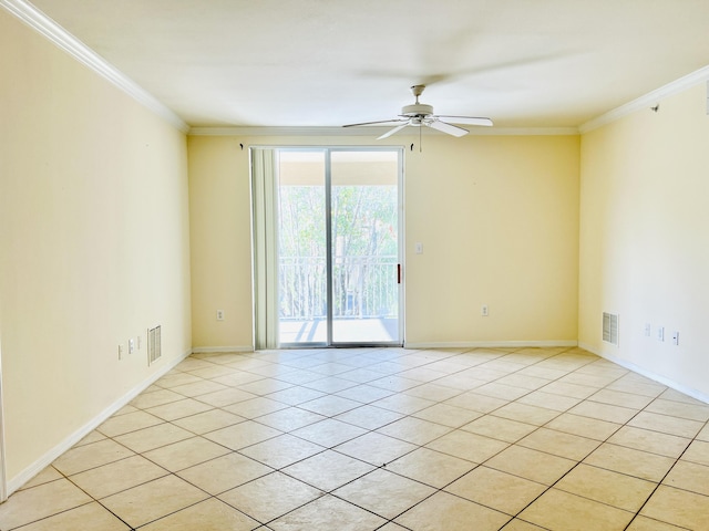 tiled empty room featuring crown molding and ceiling fan